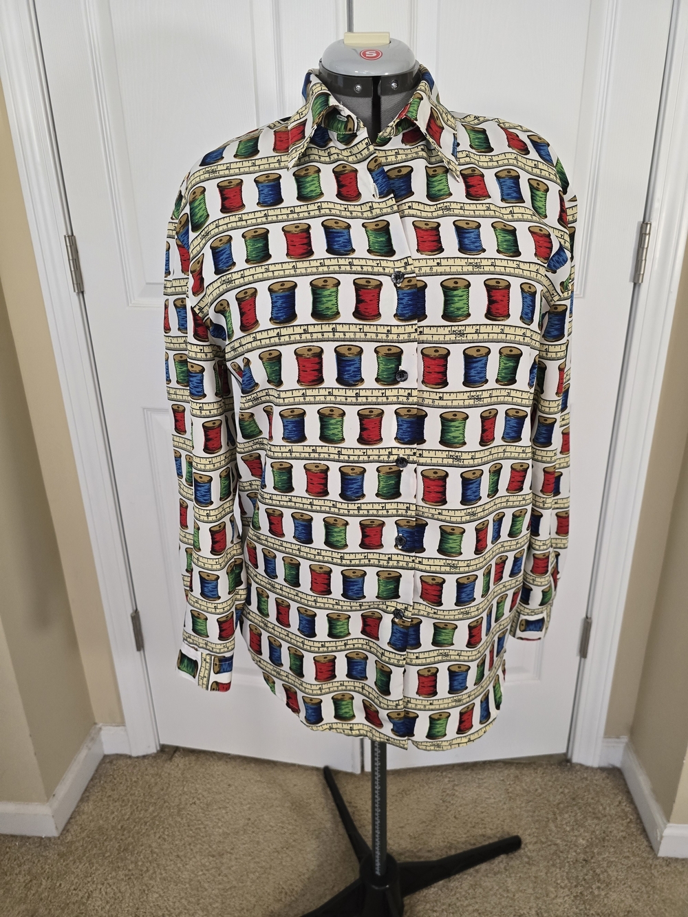 VTG Novelty Button-Up Shirt with Colorful Sewing Print